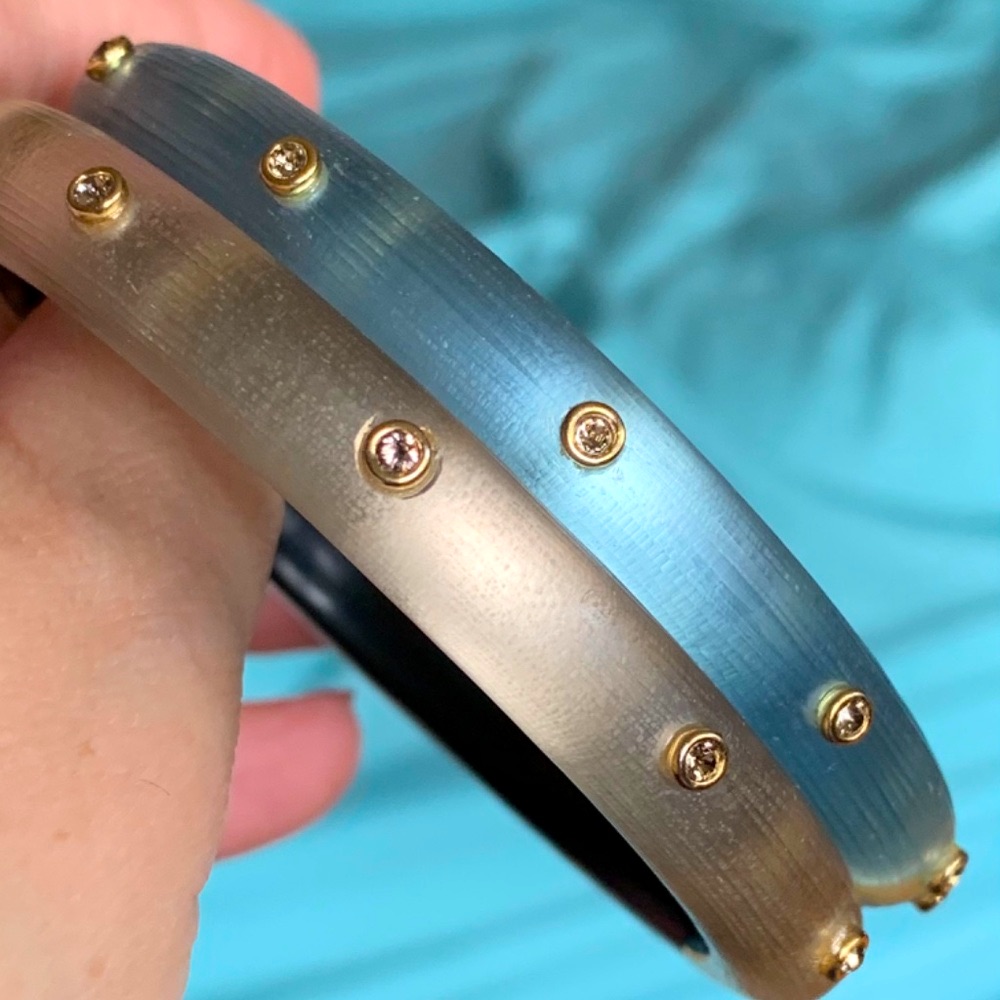 Set Of 2 Alexis Bittar Pastel Blue Golden Bangle Bracelet Crystal Studded Mint